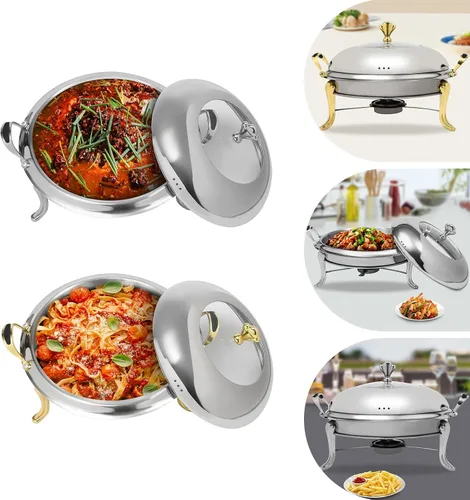 Miniatura 2 de Plato redondo para rozar, de acero inoxidable, para bufé, 2.5 L, calentadores de bufé con soporte de combustible (9.4 in dorado)