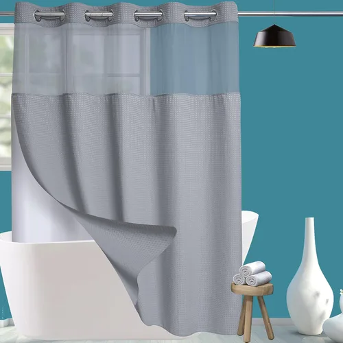 Miniatura 13 de Conbo Mio Cortina de ducha sin ganchos de tela de gofre con forro extraíble, lujosa para hotel, azul oscuro, para baño con ventana transparente
