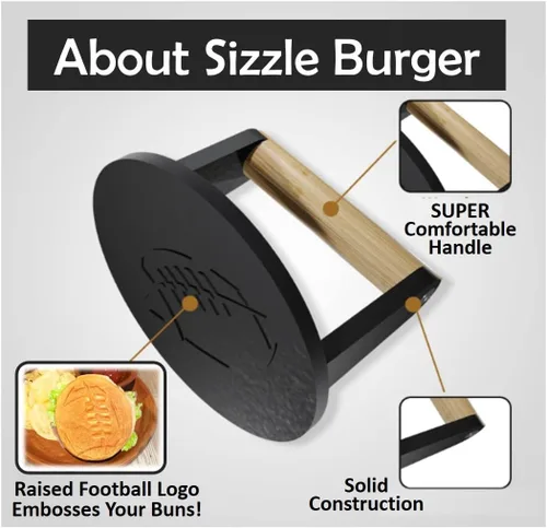Miniatura 4 de SIZZLE Prensa de patty con mango de madera de 5 pulgadas con temática de fútbol, hierro fundido de alta calidad, construcción sólida, agarre cómodo