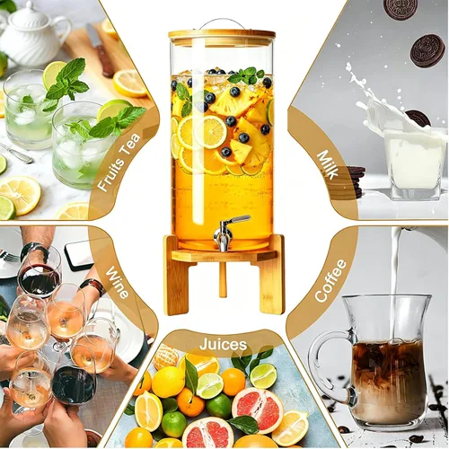 Miniatura 5 de Dispensador de bebidas, dispensador de bebidas de vidrio de 3 galones con soporte, grifo de acero inoxidable, ideal para fiestas, bares