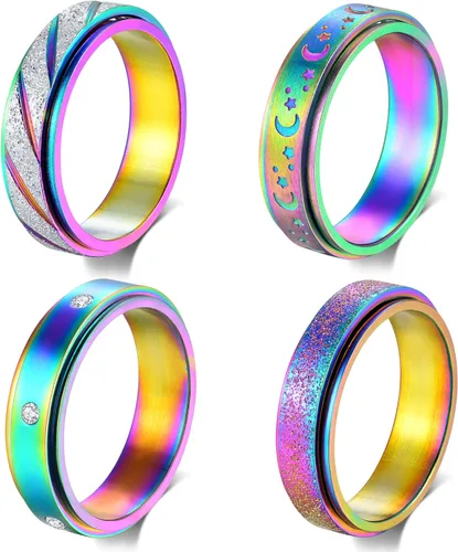 Miniatura 7 de Anillos de Ansiedad Anillos Fidget para Mujeres Anillos Giratorios para Ansiedad 4 Piezas 6MM Anillo de Acero de Titanio Arcoíris Talla 5-11 Anillos