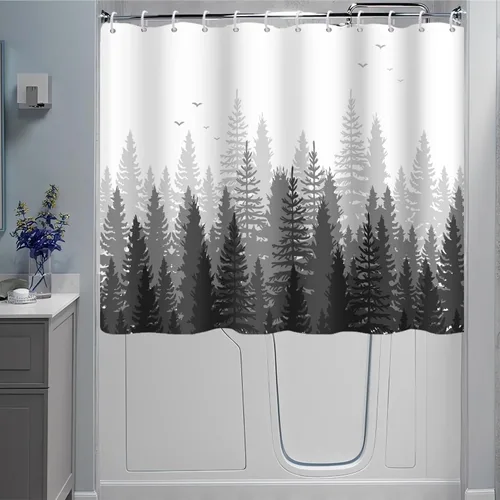 Miniatura 15 de Cortina de Ducha y Ventana, Cortina Verde y Gris de Bosque Pequeña y Corta Impermeable para Baño con Ganchos, 30x36 Pulgadas