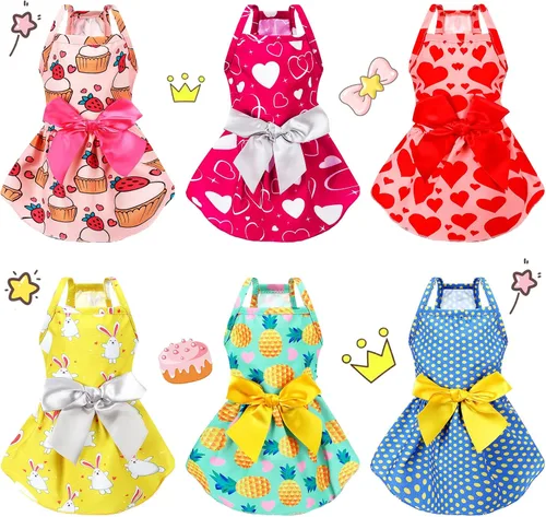 Miniatura 8 de Frienda 6 piezas con lazo de príncipes para cachorro, vestido floral para perro, falda, vestido de verano para mascotas, lindo vestido de verano