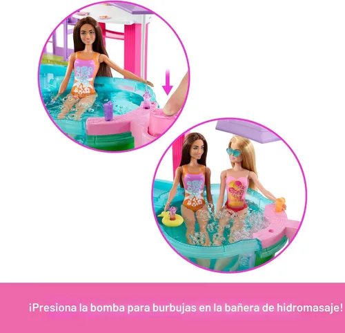 Miniatura 2 de Barbie Juego de piscina de ensueño con 6 áreas de juego, incluyendo tobogán y jacuzzi burbujeante, además de más de 20 accesorios como mascota