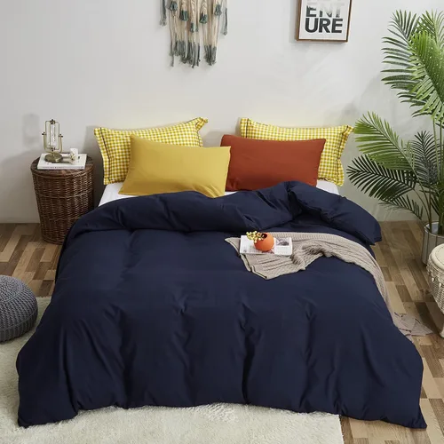 Miniatura 2 de Luxlovery Juego de edredón azul marino, tamaño King, de algodón, suave, transpirable, acogedor, con 1 funda de almohada color amarillo y 1 funda