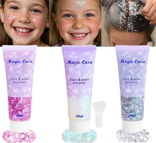 Miniatura 5 de Purpurina corporal blanca, plateada y rosa, 5.1 fl oz, accesorios de gel autoadhesivos, purpurina cosmética de larga duración, lentejuelas gruesas
