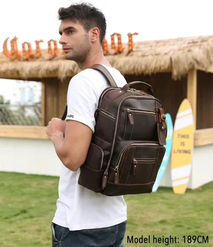 Miniatura 7 de Lannsyne Mochila vintage de cuero de grano completo para hombre de 15.6 pulgadas, mochila para laptop de camping y viajes, mochila de 24 L, Marrón