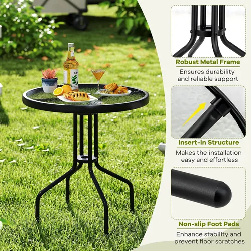 Miniatura 7 de Tangkula Mesa de Comedor Redonda de Vidrio para Patio de 27.5 Pulgadas con Agujero para Sombrilla de 1.57", Marco de Metal Resistente, Mesa Auxiliar