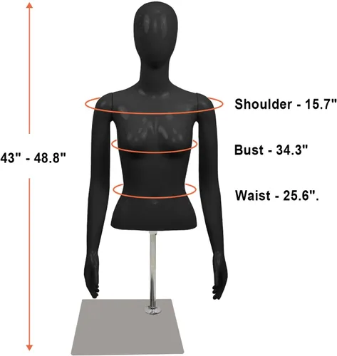 Miniatura 2 de 2 piezas de maniquí femenino negro Torso altura ajustable brazos desmontables vestido forma exhibición w/metal soporte