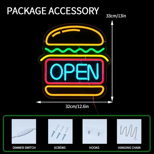 Miniatura 3 de Letrero de neón de hamburguesas abierto para decoración de pared Luces LED de hamburguesa regulables Letreros de neón abiertos para negocio Luz