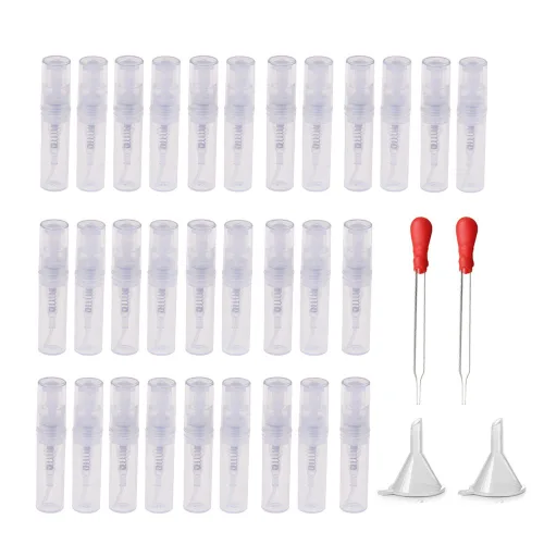 150 piezas Mini atomizador de botella de plástico de 0.07 onzas líquidas, botella de perfume recargable, botella de muestra vacía con 2 mini embudos