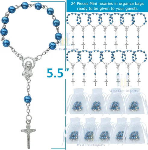 Miniatura 2 de WE Bautismo Favores Mini Rosarios para niño - (24 unidades) Cuentas Azul Marino con Acentos Plateados - Recuerditos De Bautismo - Rosarios de Dedo