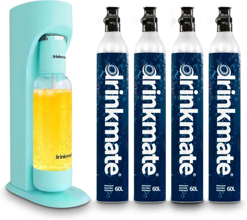 Drinkmate OmniFizz - Máquina de transmisión de agua con gas y soda, carbonata cualquier bebida, kit premium, incluye cuatro cartuchos de CO2 de 60 L