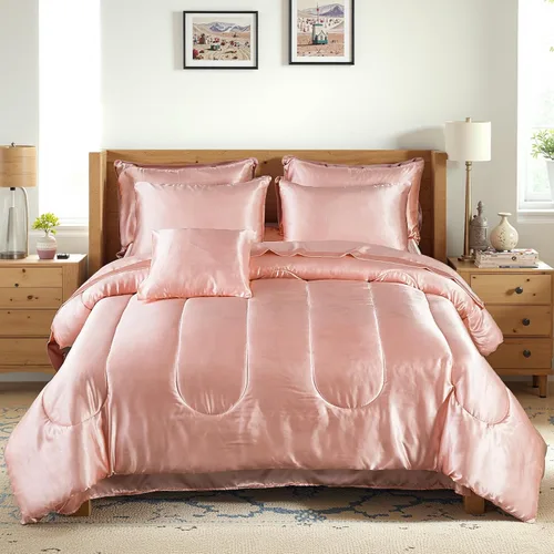 Juego de edredón de satén de la marca Bedding_Dreamer tamaño Queen con juego de sábanas tipo seda, cama en una bolsa, decoración de lujo para Rosa