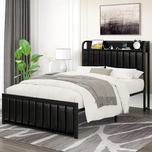 Miniatura 14 de VECELO Queen Bed Frame, Storage Upholstered Headboard with Charging Station, Platform Bedframe, Heavy Duty Metal Slats, No Box Spring Needed