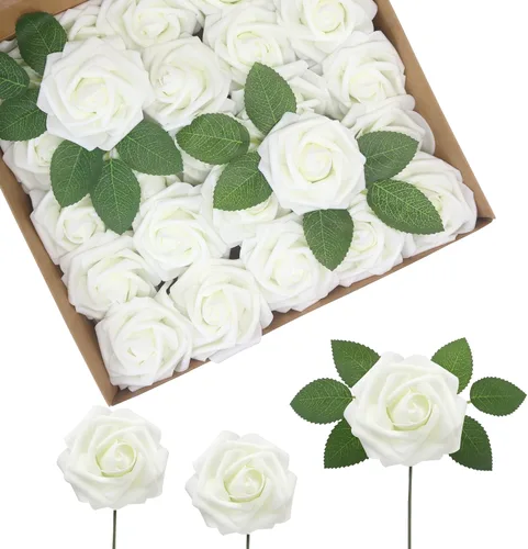 Miniatura 34 de Flores Artificiales Rosas Realistas, 50 piezas de rosas falsas con tallo de aspecto real para ramos de boda DIY, centros de mesa, despedida