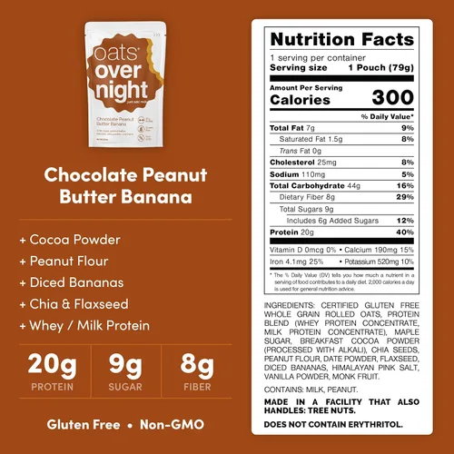 Miniatura 2 de Oats Overnight - Chocolate con mantequilla de maní y plátano - 0.71 oz de proteína, batido de desayuno alto en fibra - Sin gluten, avena sin OMG