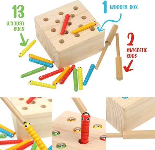 Miniatura 4 de Boxiki kids Juguetes Montessori de madera para bebés, niños pequeños y niños, habilidades motoras finas, juego de gusano magnético para 3 años