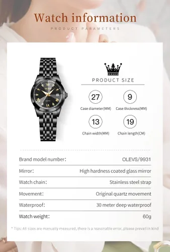 Miniatura 5 de OLEVS - Reloj de mujer de moda, reloj de vestir con diamantes, para mujer, analógico, de cuarzo, acero inoxidable, impermeable, luminoso, con fecha