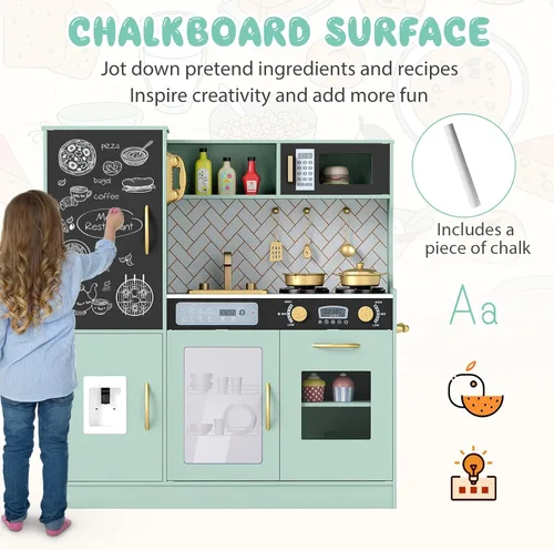 Miniatura 4 de Costzon Juego de cocina para niños, juego de juguetes de cocina de chef de madera grande con sonidos y luces reales, microondas, pizarra, horno