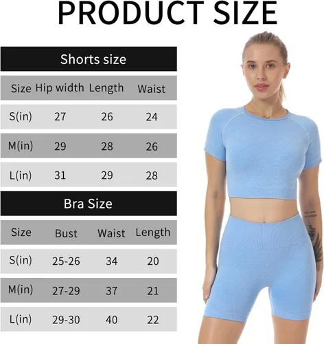 Miniatura 5 de Nicytore Conjuntos de yoga para mujer, conjunto de 2 piezas, sin costuras, manga corta, pantalones cortos, leggings de entrenamiento, ropa deportiva