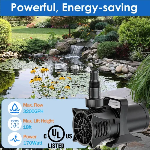 Miniatura 2 de AquaMiracle Bomba de agua sumergible de 3200 GPH con certificación UL con cable de 20 pies, adaptadores y bolsa de filtro, bomba de fuente de agua