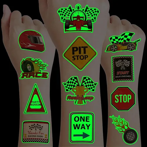 Miniatura 3 de 96 calcomanías precortadas de tatuajes temporales que brillan en la oscuridad, bandera de carreras a cuadros, decoraciones de fiesta de cumpleaños