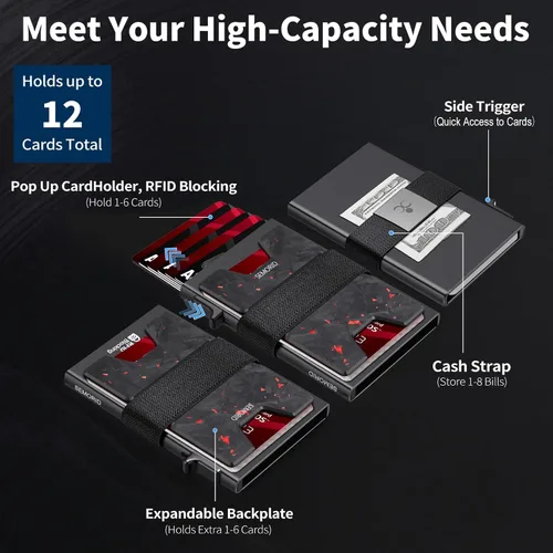 Miniatura 74 de Cartera delgada de aluminio para hombre, placa trasera expandible duradera, bloqueo RFID, billetera desplegable de metal minimalista, con capacidad