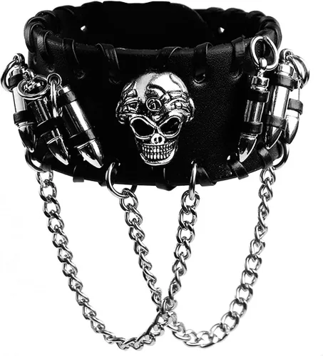 Miniatura 4 de Eigso Pulsera de cuero sintético negro con calavera para hombre y mujer, pulsera ajustable
