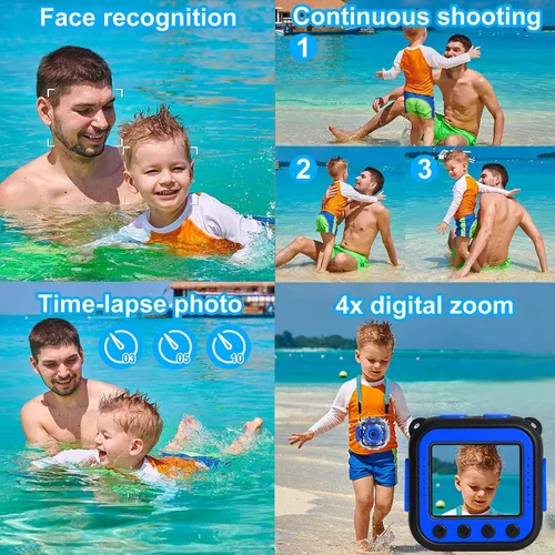 Miniatura 6 de PROGRACE Cámara impermeable para niños, regalos de cumpleaños de Navidad para niñas de 3 a 12 años, cámaras digitales 1080P, juguetes de piscina