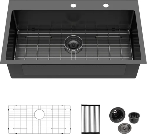 Miniatura 25 de Logmey Fregadero de cocina negro 33x22 empotrable, estación de trabajo de fregadero de cocina, SUS304 calibre 16 acero inoxidable, tazón individual