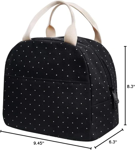 Miniatura 8 de EurCross Bolsa de almuerzo negra compacta mejorada para niñas y mujeres, de lona, reutilizable, aislada, con lunares, bolsa de almuerzo