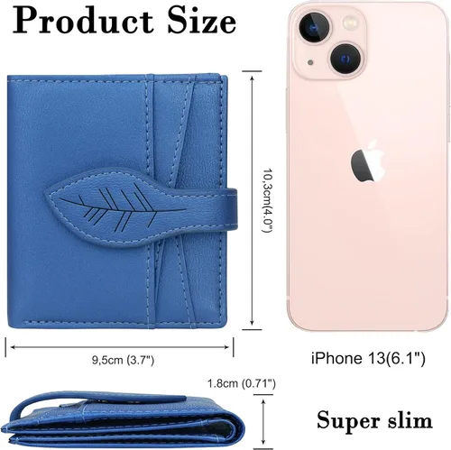 Miniatura 4 de CONISY Cartera pequeña para mujer, con bloqueo RFID, de piel, plegable, con bolsillo frontal, con cremallera (azul)