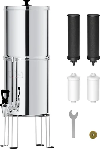 Sistema de filtro de agua alimentado por gravedad Waterdrop, Sistema de 2.25G de acero inoxidable con 4 filtros, Grifo de nivel de agua de metal y