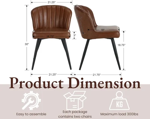 Miniatura 2 de EALSON Juego de 2 sillas de comedor modernas, asiento tapizado de piel sintética marrón con respaldo curvado y patas de metal, silla auxiliar sin PU