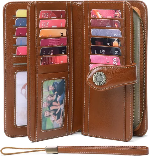 Miniatura 2 de FALAN MULE Cartera de cuero para mujer, de gran capacidad, bifold, con bloqueo RFID, tarjetero con bolsillo para monedas con cremallera