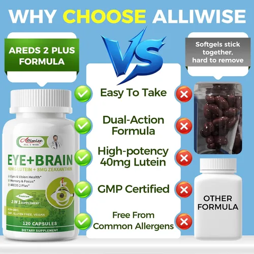 Miniatura 5 de Alliwise Vitaminas de Luteína para los Ojos 14 en 1 Suplemento de Vitaminas para la Salud Ocular, Apoyo para Ojos Secos, Suplemento para la Memoria