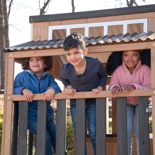 Miniatura 7 de KidKraft Cliffbrook - Casa de juegos de madera para exteriores de dos pisos con tobogán