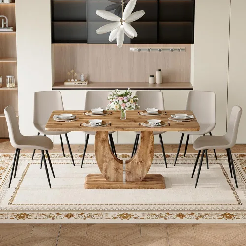 Miniatura 14 de Juego de mesa de comedor moderno para 4, mesa de cocina de madera de 63 pulgadas con 4 sillas tapizadas de gamuza de tela, estilo granja con parte