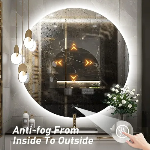 Miniatura 5 de Espejo de baño LED redondo de 28 pulgadas, retroiluminación de luz diurna de 6000 K, antivaho y regulable, espejo impermeable sin marco con control