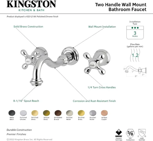 Miniatura 3 de Kingston Brass KS3123AX - Grifo de baño de montaje en pared central de 8 pulgadas, latón antiguo