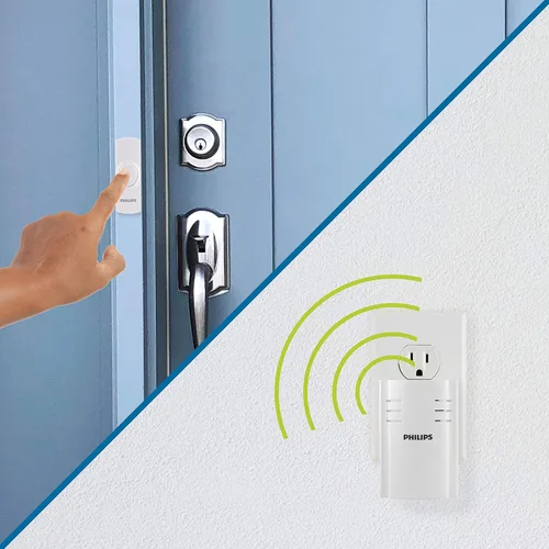 Miniatura 6 de Kit de timbre inalámbrico Philips, receptor enchufable, 2 pulsadores, 8 melodías, 4 niveles de volumen, rango de 150 pies, color blanco, DES2280W/27