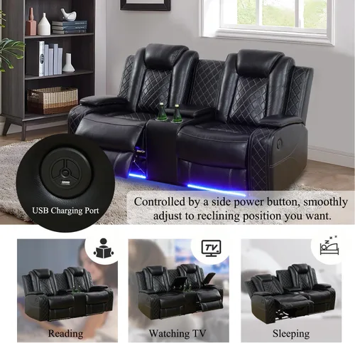 Miniatura 4 de Juego de sofá reclinable eléctrico con LED, juego de sofá de cuero transpirable para sala de estar, juego de sofá reclinable con puerto USB, Negro
