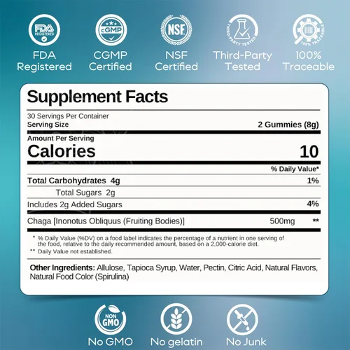 Miniatura 8 de Gomitas de hongos Chaga Detox - Suplemento de apoyo inmunológico antioxidante y hongos - 250 mg de cuerpos fructíferos - Suplementos de claridad