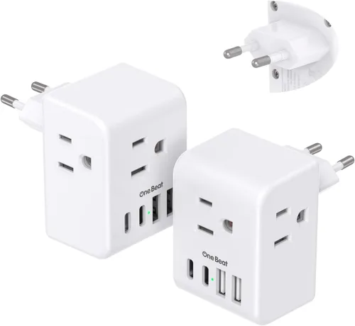 Paquete de 2 adaptadores de enchufe de viaje europeos, adaptador de enchufe internacional con 3 tomas, 3 puertos de carga USB (1 USB C), adaptador