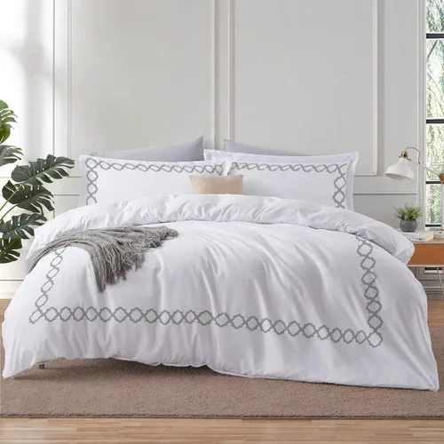 Miniatura 7 de BedDecor: Enchanted Oasis - Juego de funda de edredón de 3 piezas de 600 hilos de algodón egipcio con bordado de cuadrifolio, ultra suave