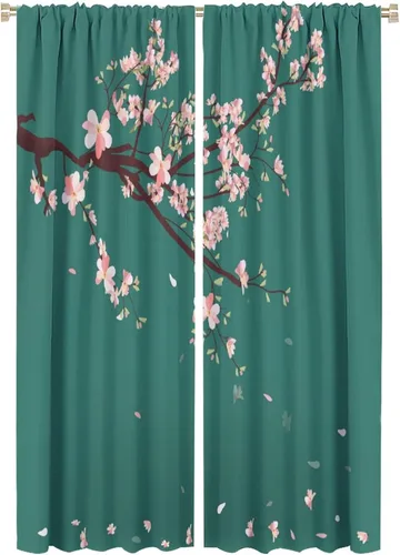 Miniatura 21 de Cortina japonesa con diseño de cerezo en flor, montañas, río, nubes, pinos, paisaje, naturaleza, asiático, anime, oscurecimiento de habitación
