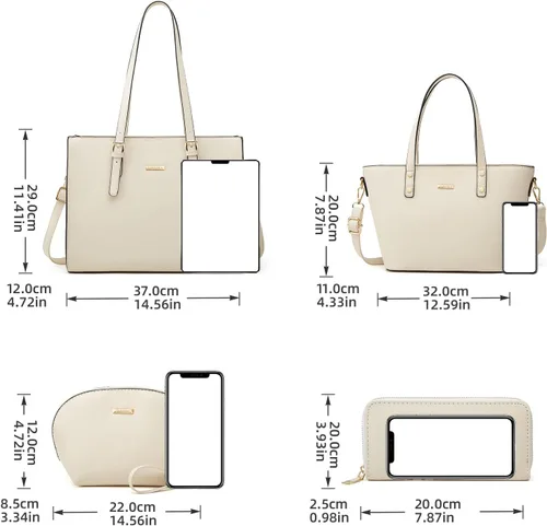 Miniatura 51 de Juego de 4 bolsas modernos para mujer de cuero sintético: bolso tote, bolso de hombro, bolso de mano y cartera.