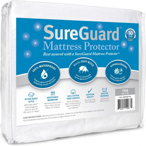 Miniatura 11 de Protector de colchón de SureGuard, 100% impermeable, hipoalergénico, de algodón de primera calidad, gemelo, Blanco