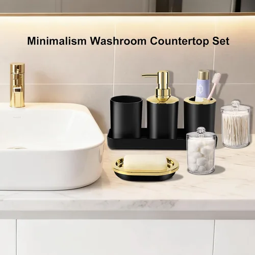 Miniatura 5 de BSSN Juego de 25 accesorios de baño negros y dorados con cortina de ducha y alfombras, basura, cepillo de inodoro, dispensador de jabón, soporte
